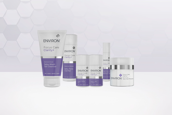 Image of all the products of Environ Focus Care Clarity+ Range