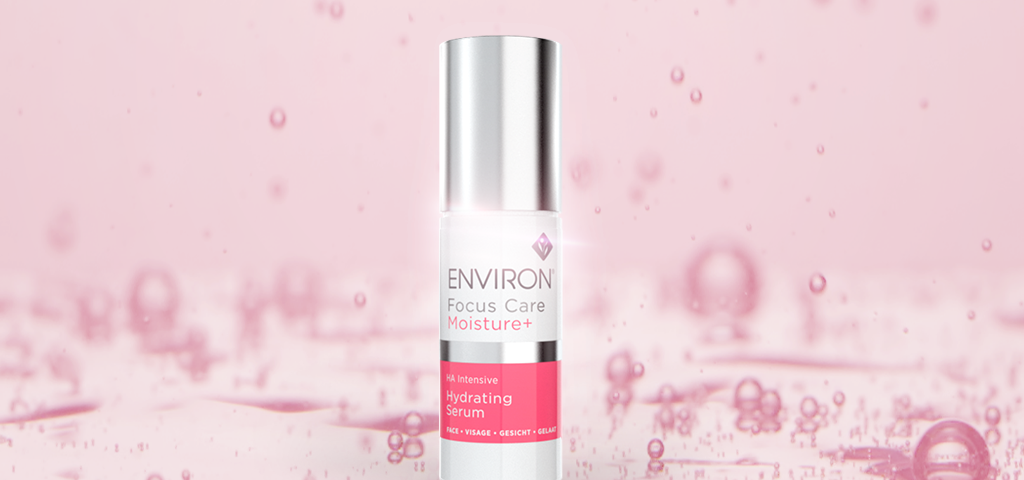 Environ Focus Care Moisture+ HA Intensive Hydrating Serum, droplet background