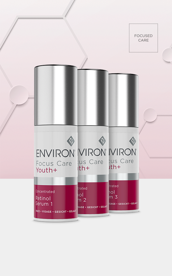 Environ Focus Care Youth+ Concentrated Retinol Serum 1, 2 & 3, pink background