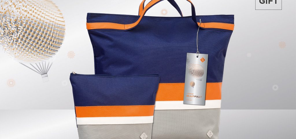 Environ cosmetic travel bags in blue, orange and grey