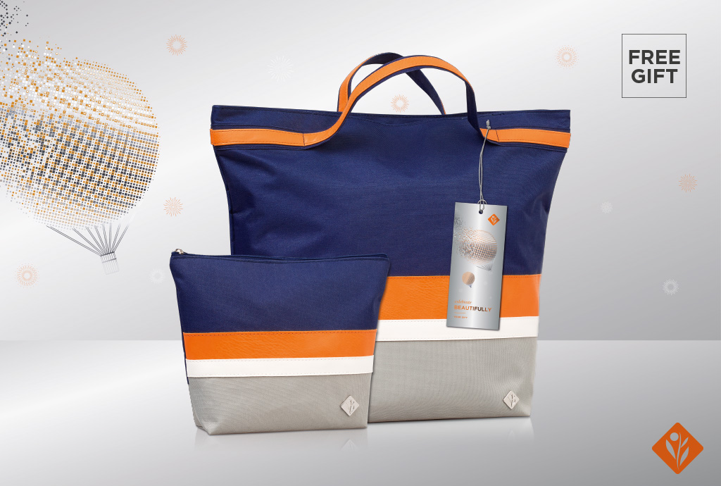 Environ cosmetic travel bags in blue, orange and grey